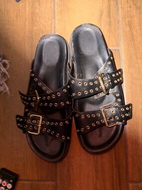 MIA Black Slide Sandals with Gold Stud Accents